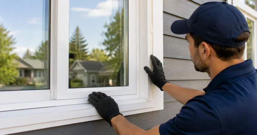 technician comparing full-frame and retrofit window replacement options in Thamesford
