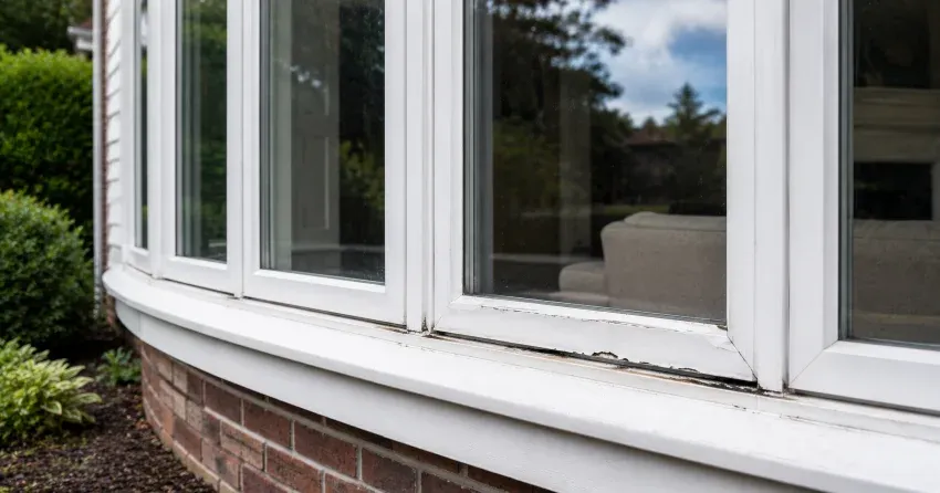 technician inspecting bow window frame and seal for damage in Thamesford