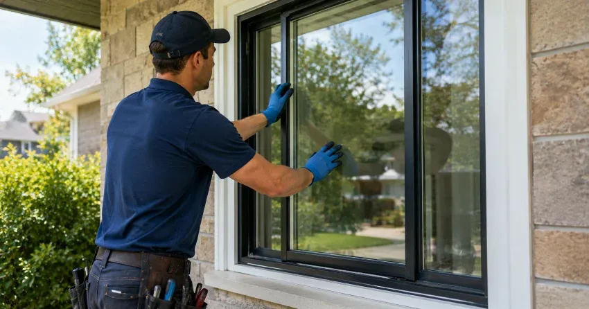 technician measuring a broken window pane for replacement in Thames Springs West, Thamesford