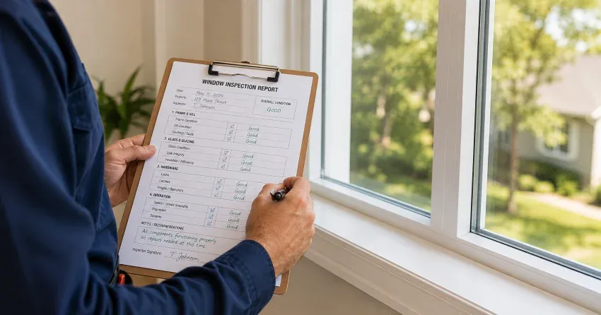 technician inspecting window seal and frame in Thames Springs, Thamesford