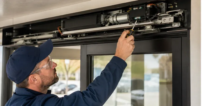 technician completing automatic door repair on residential property in Thames Springs, Thamesford