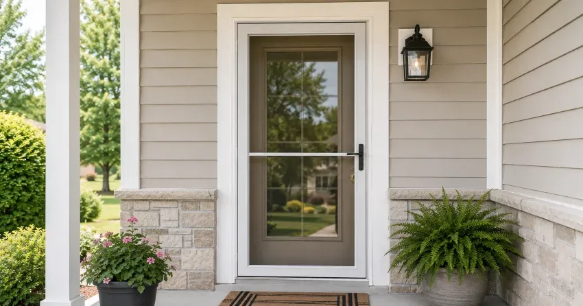 technician hanging storm door square and plumb in Thames Springs West, Thamesford