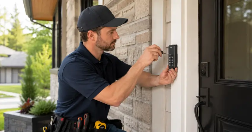 Technician installing an access control system keypad beside a residential front door in Thamesford