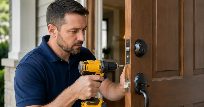 technician installing a new deadbolt during Change Door Lock Thamesford service