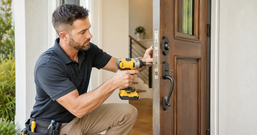 locksmith installing new deadbolt lock on front door in Thamesford