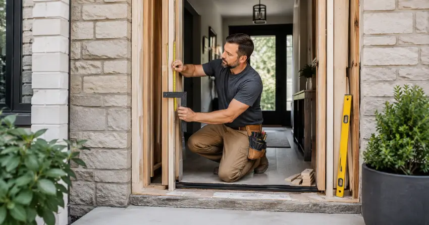 exterior door installer assessing rough opening in Thamesford