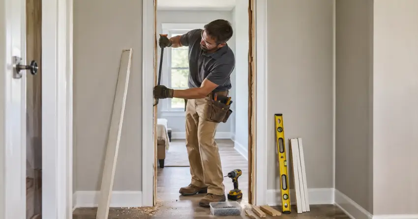 technician removing an old interior door frame during installation Thamesford