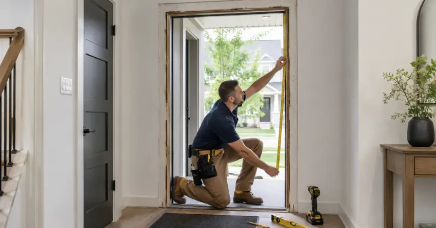 technician measuring a door frame before new door installation in Thamesford