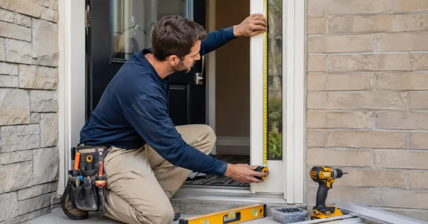 technician measuring door frame before storm door install in Thamesford
