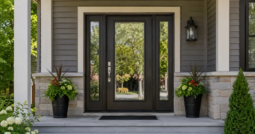 glass entry door with sidelights on a home in Riverside Village, Thamesford