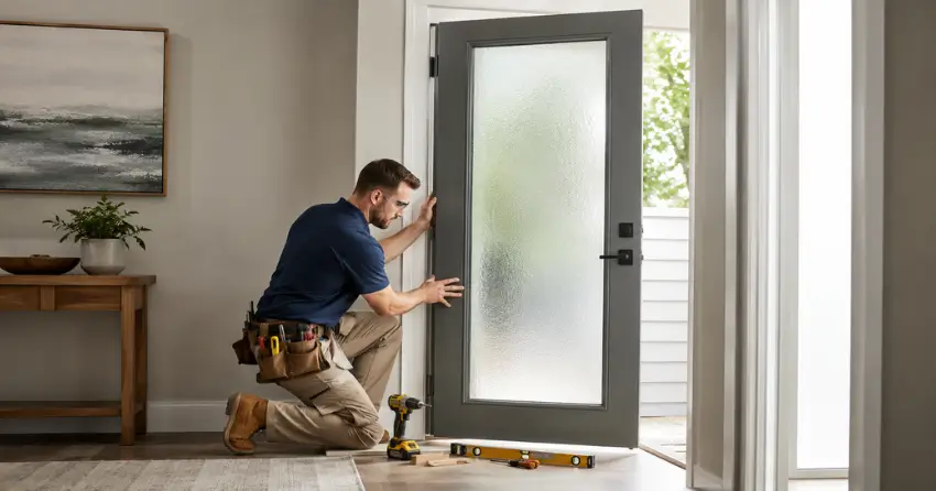 glass panel door installation with frosted privacy glass in residential setting in Riverside Village, Thamesford