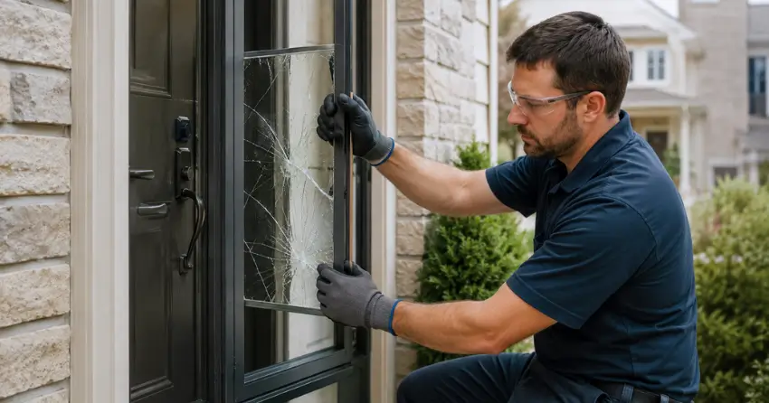 technician removing cracked storm door glass panel in Thamesford