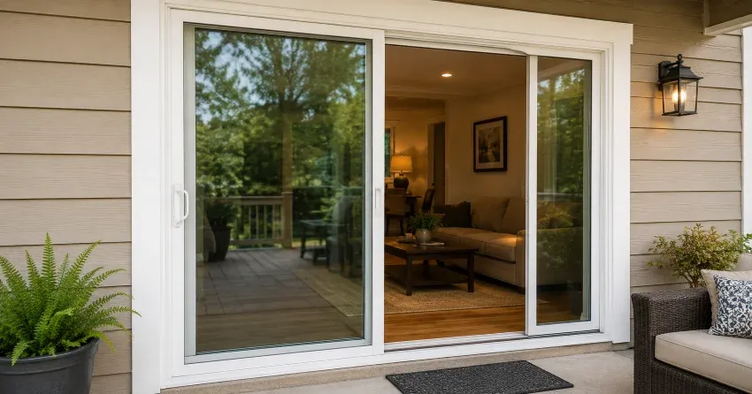 Patio Door Installation technician setting a new frame in Thamesford