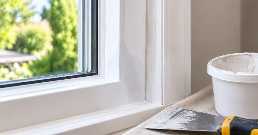 technician repairing rotted window frame corner in Thamesford