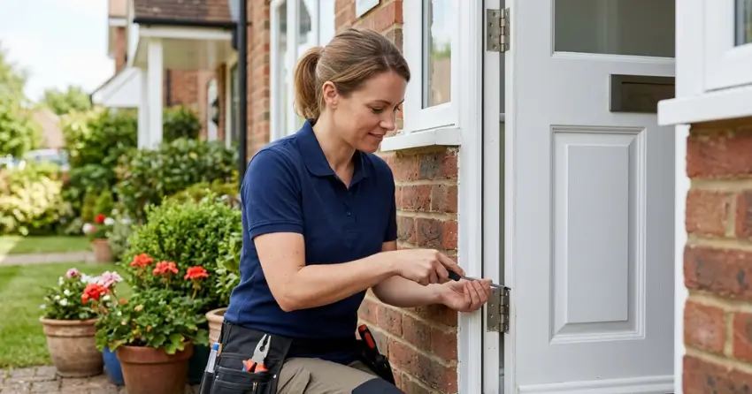 technician repairing exterior door hinge and frame in Thames Springs, Thamesford