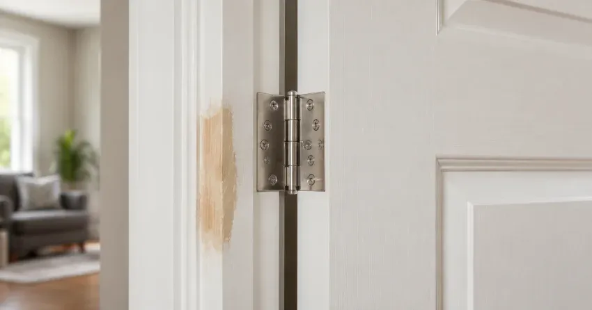 technician checking a warped door against a straightedge in Riverside Village, Thamesford