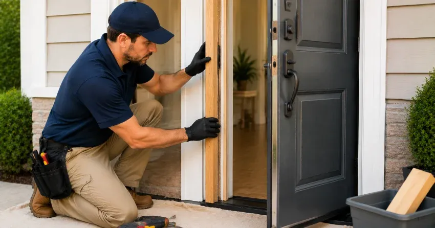 technician inspecting damaged door frame corner in Thamesford