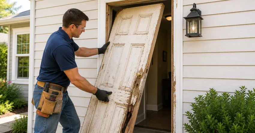 warped exterior door frame showing weather damage in Thamesford