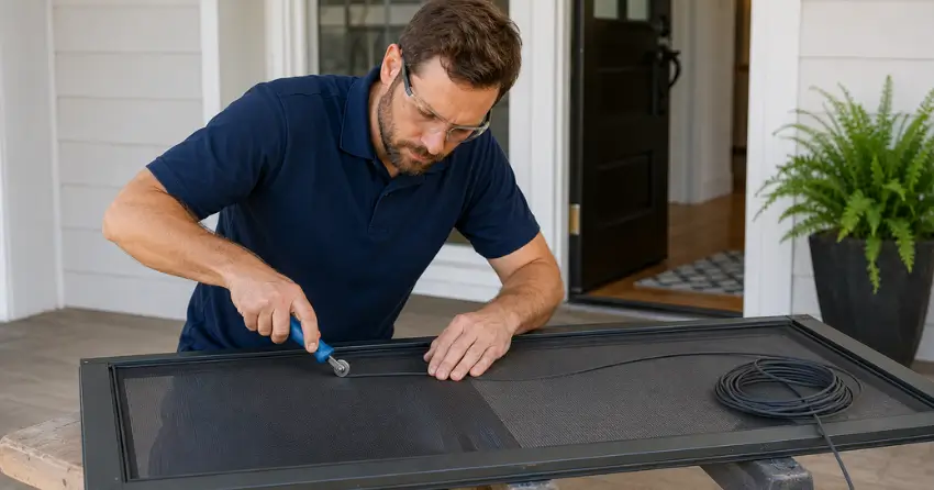 technician replacing screen door mesh and spline in Riverside Village, Thamesford